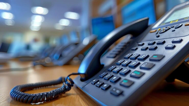 Mitarbeiterin nutzt eine moderne Cloud VoIP Telefonanlage auf einem Laptop in München